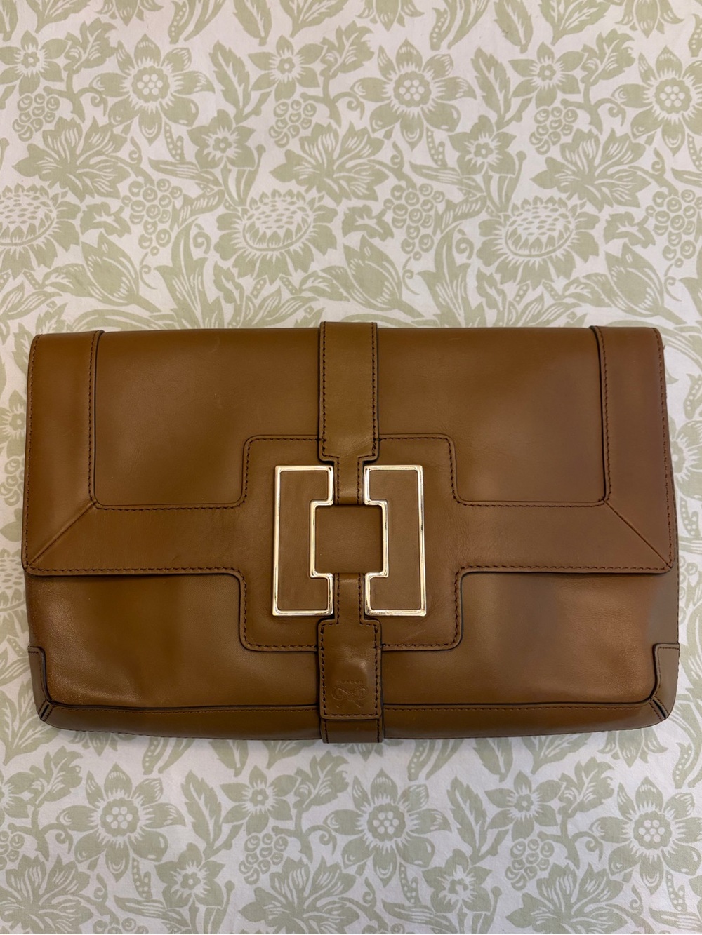 Anya Hindmarch Brown Leather envelope Clutch with Geometric Gold Hardware.